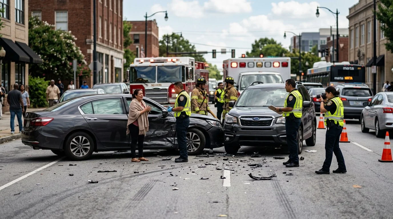Escena de accidente vehicular en calle urbana con daños, vehículos de emergencia e investigadores documentando el incidente.