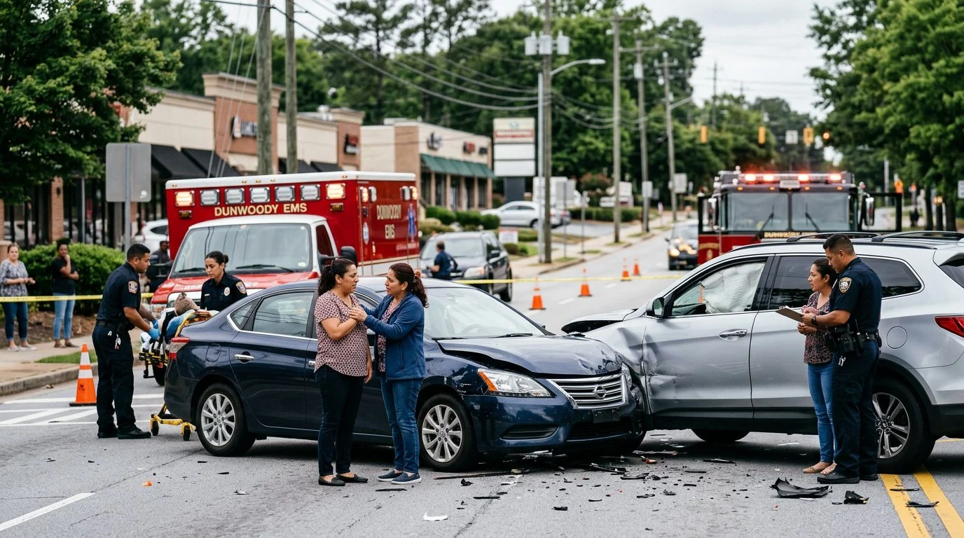 Escena de accidente vehicular en calle urbana con daños, vehículos de emergencia e investigadores documentando el incidente.