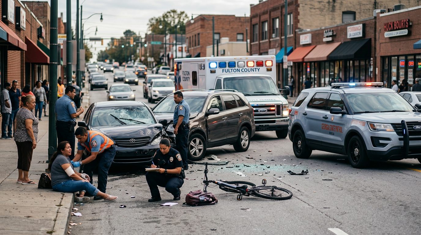Escena de accidente vehicular en calle urbana con daños, vehículos de emergencia e investigadores.
