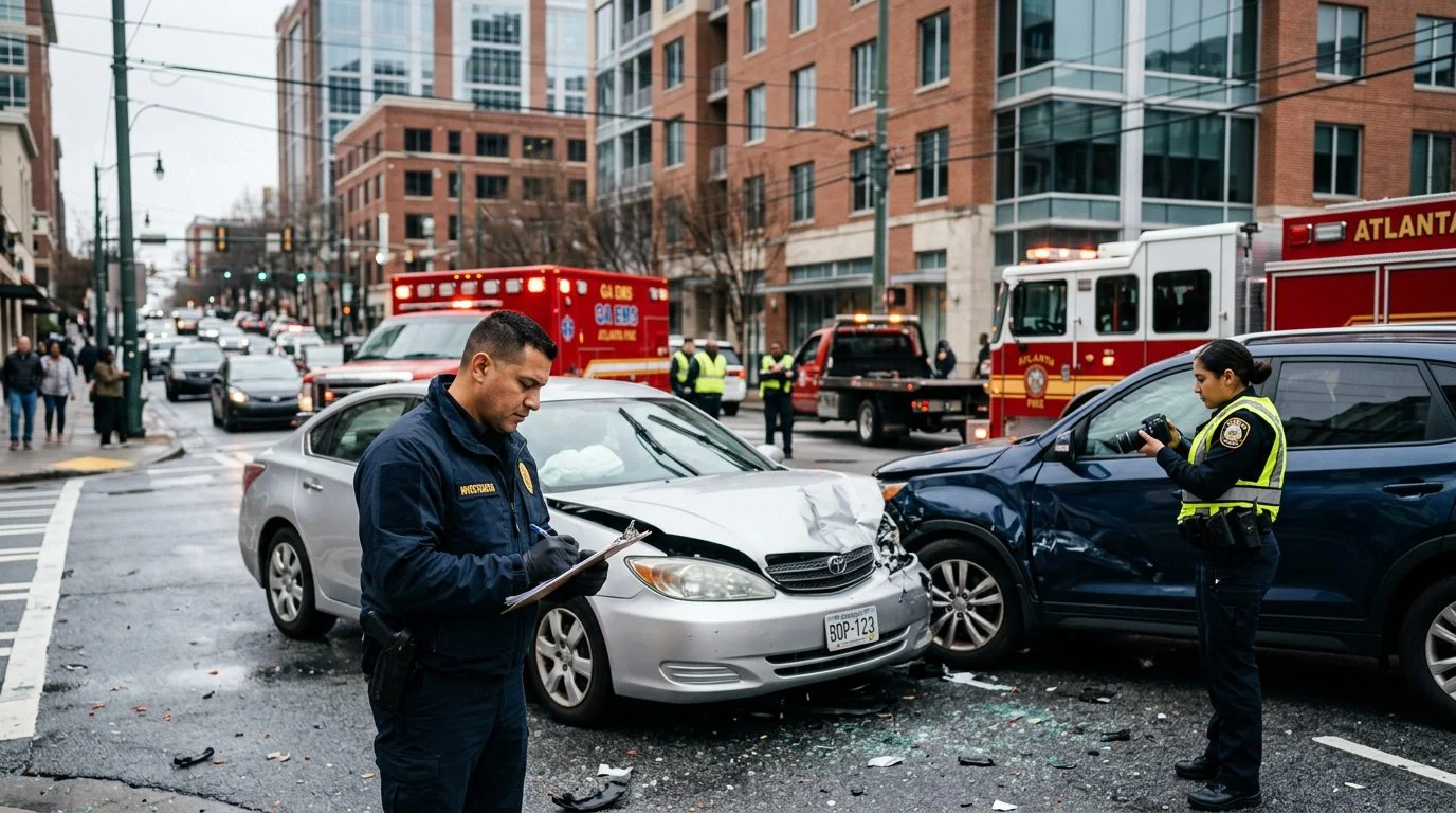 Escena de accidente vehicular en calle urbana con daños, vehículos de emergencia e investigadores documentando el incidente.