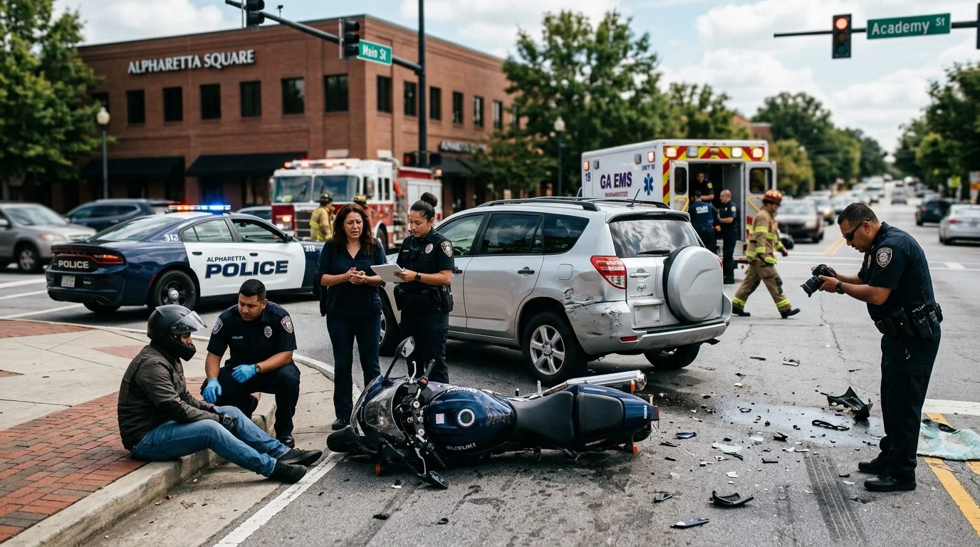 Escena de accidente vehicular en calle urbana con daños, vehículos de emergencia e investigadores documentando el incidente.