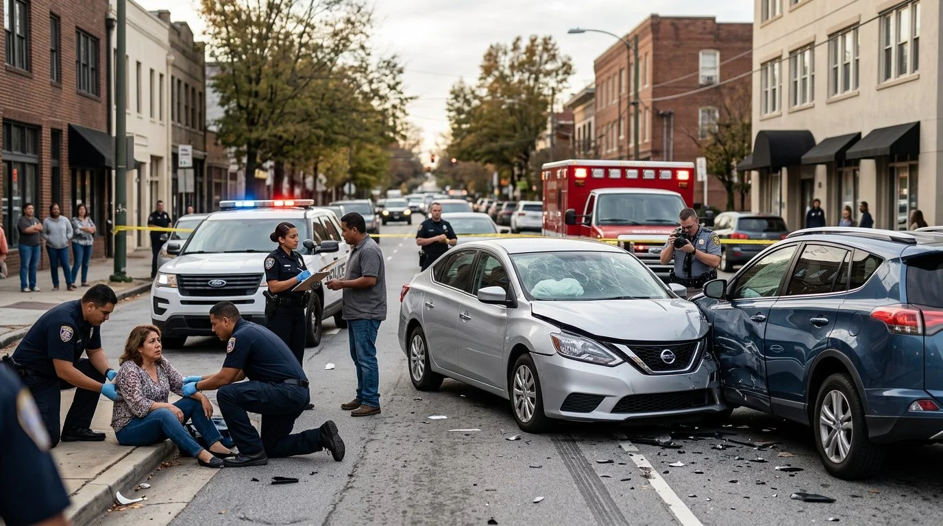 Escena de accidente vehicular en calle urbana con daños, vehículos de emergencia e investigadores.