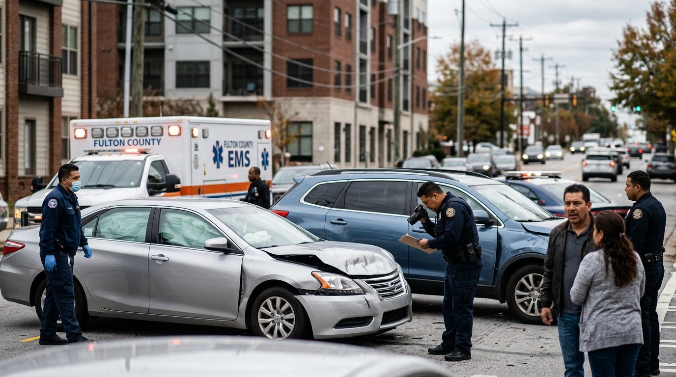 Escena de accidente vehicular en calle urbana con daños, vehículos de emergencia e investigadores.