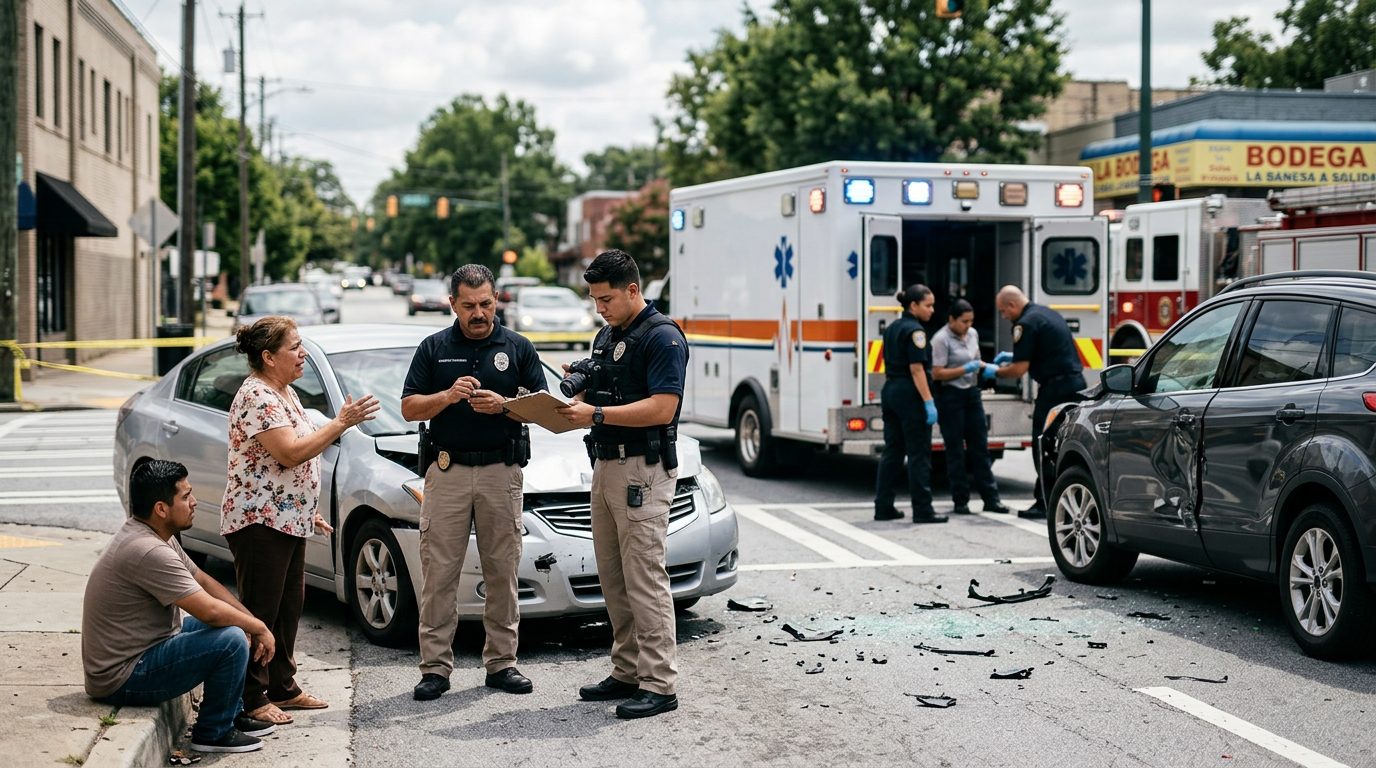 Escena de accidente vehicular en calle urbana con daños, vehículos de emergencia e investigadores documentando el incidente.