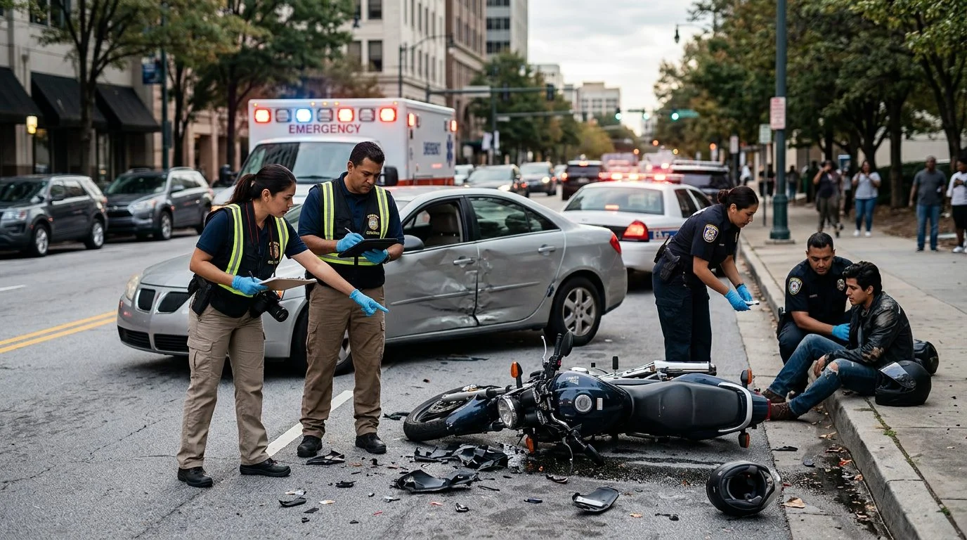 Escena de accidente vehicular en calle urbana con daños, vehículos de emergencia e investigadores documentando el incidente.