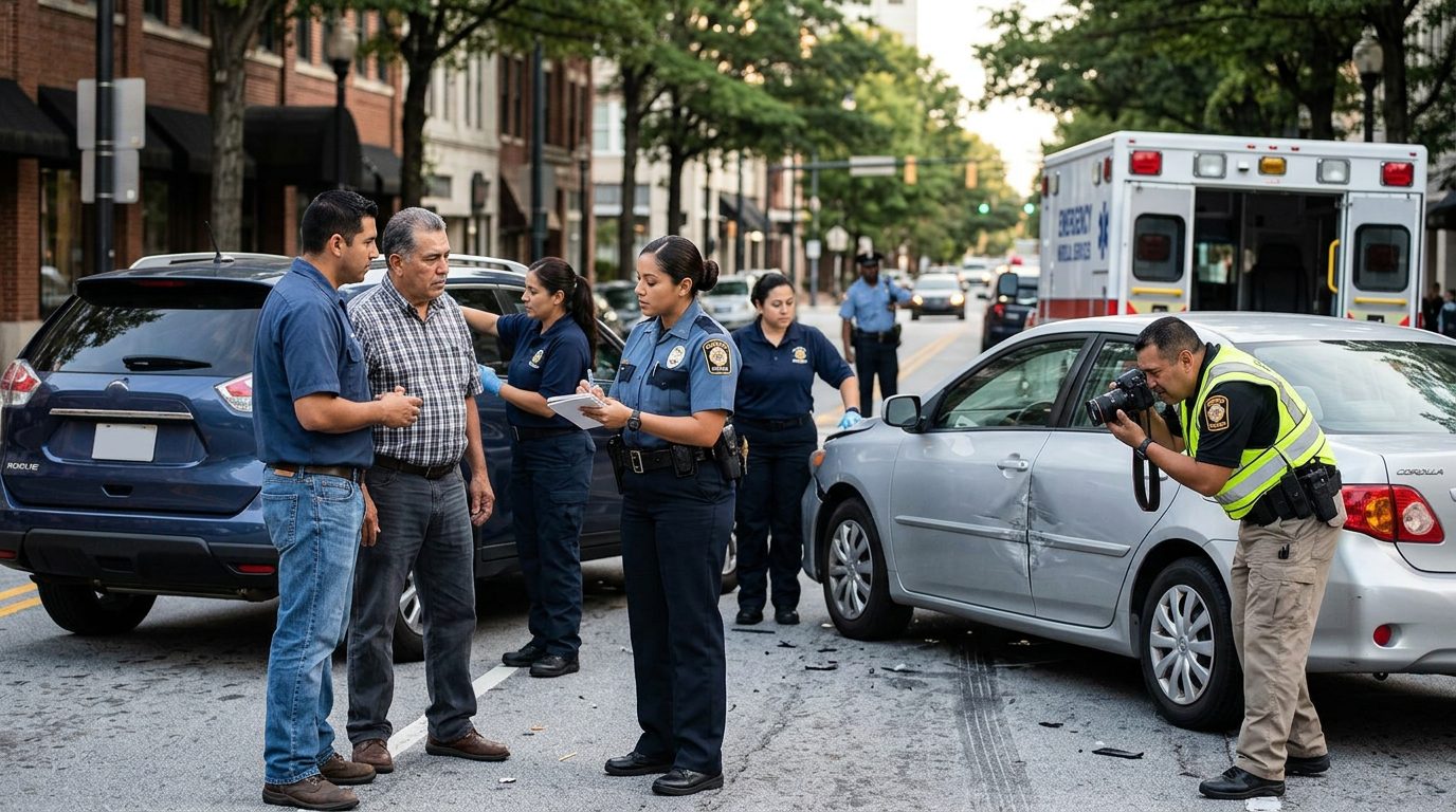 Escena de accidente vehicular en calle urbana con daños, vehículos de emergencia e investigadores documentando.