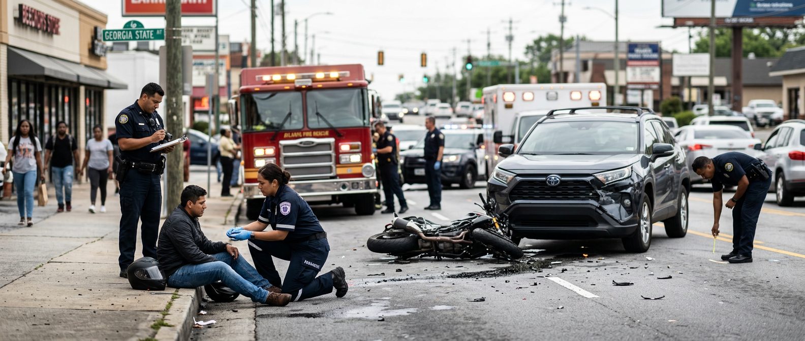 Escena de accidente vehicular en calle urbana con daños, vehículos de emergencia e investigadores documentando el incidente.