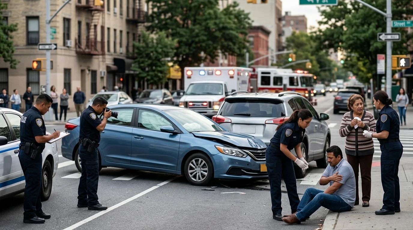 Escena de accidente vehicular en calle urbana con daños, vehículos de emergencia e investigadores documentando.