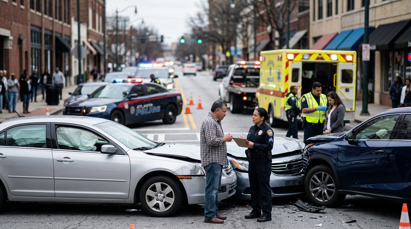 Escena de accidente vehicular en calle urbana con daños, vehículos de emergencia e investigadores.