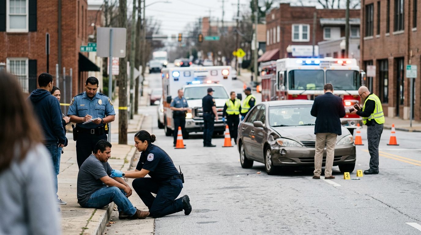 Escena de accidente vehicular en calle urbana con daños, vehículos de emergencia e investigadores documentando el incidente.