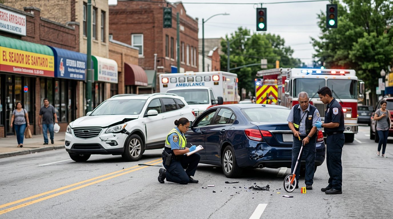 Escena de accidente vehicular en calle urbana con daños, vehículos de emergencia e investigadores documentando el incidente.