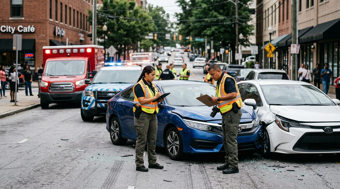 Escena de accidente vehicular en calle urbana con daños, vehículos de emergencia e investigadores documentando el incidente.