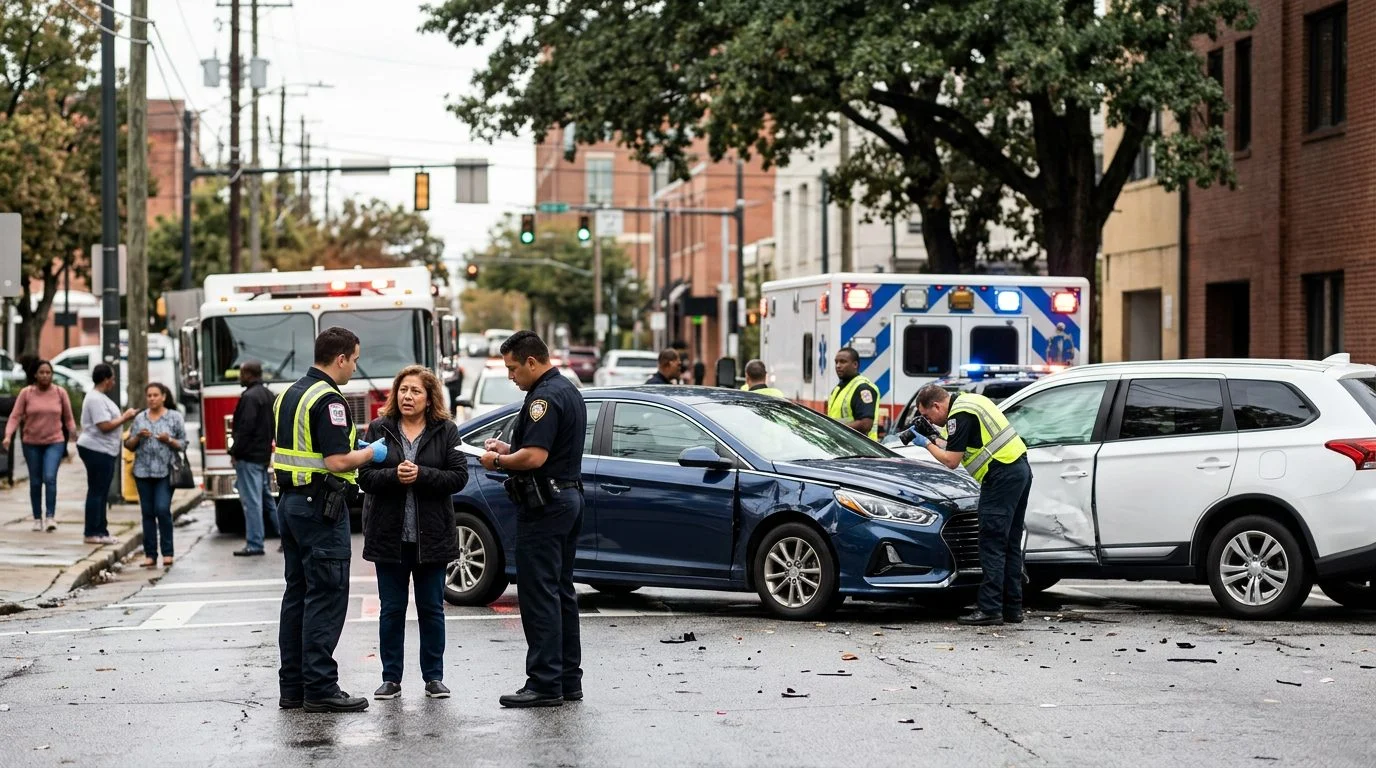 Escena de accidente vehicular en calle urbana con daños, vehículos de emergencia e investigadores documentando el incidente.