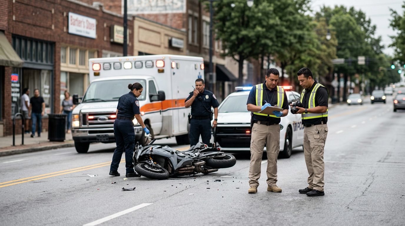 Escena de accidente vehicular en calle urbana con daños, vehículos de emergencia e investigadores.