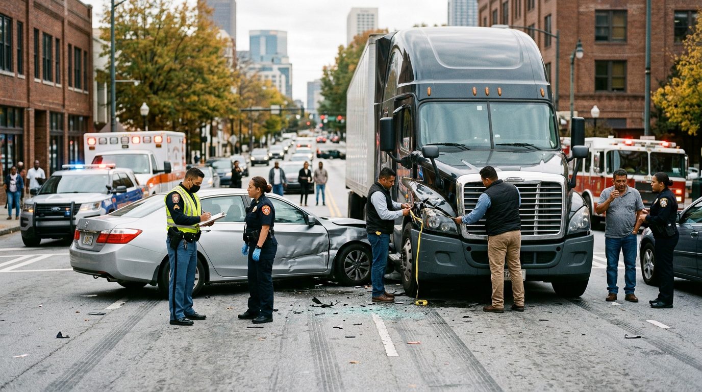 Escena de accidente vehicular en calle urbana con daños, vehículos de emergencia e investigadores documentando el incidente.