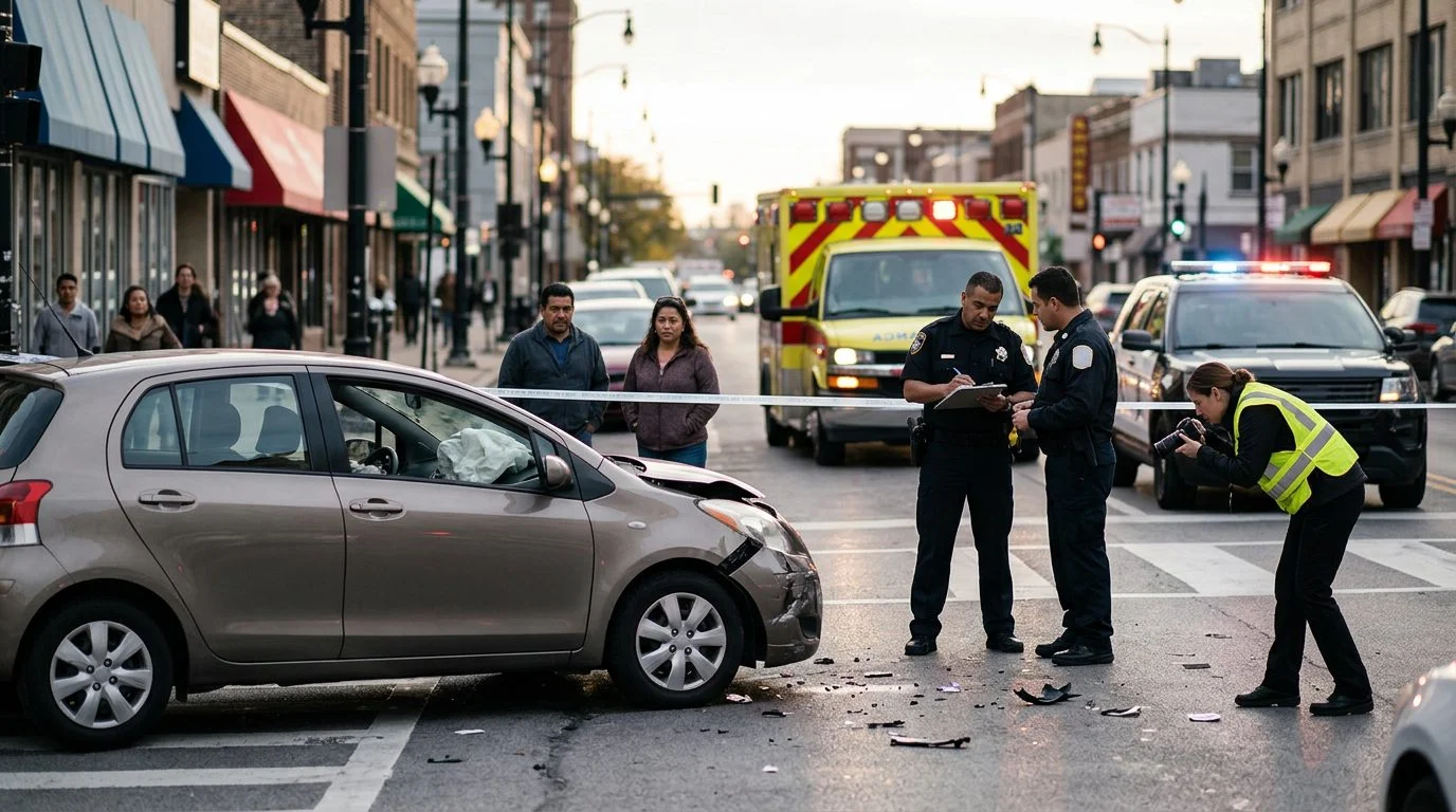 Escena de accidente vehicular en calle urbana con daños y vehículos de emergencia.