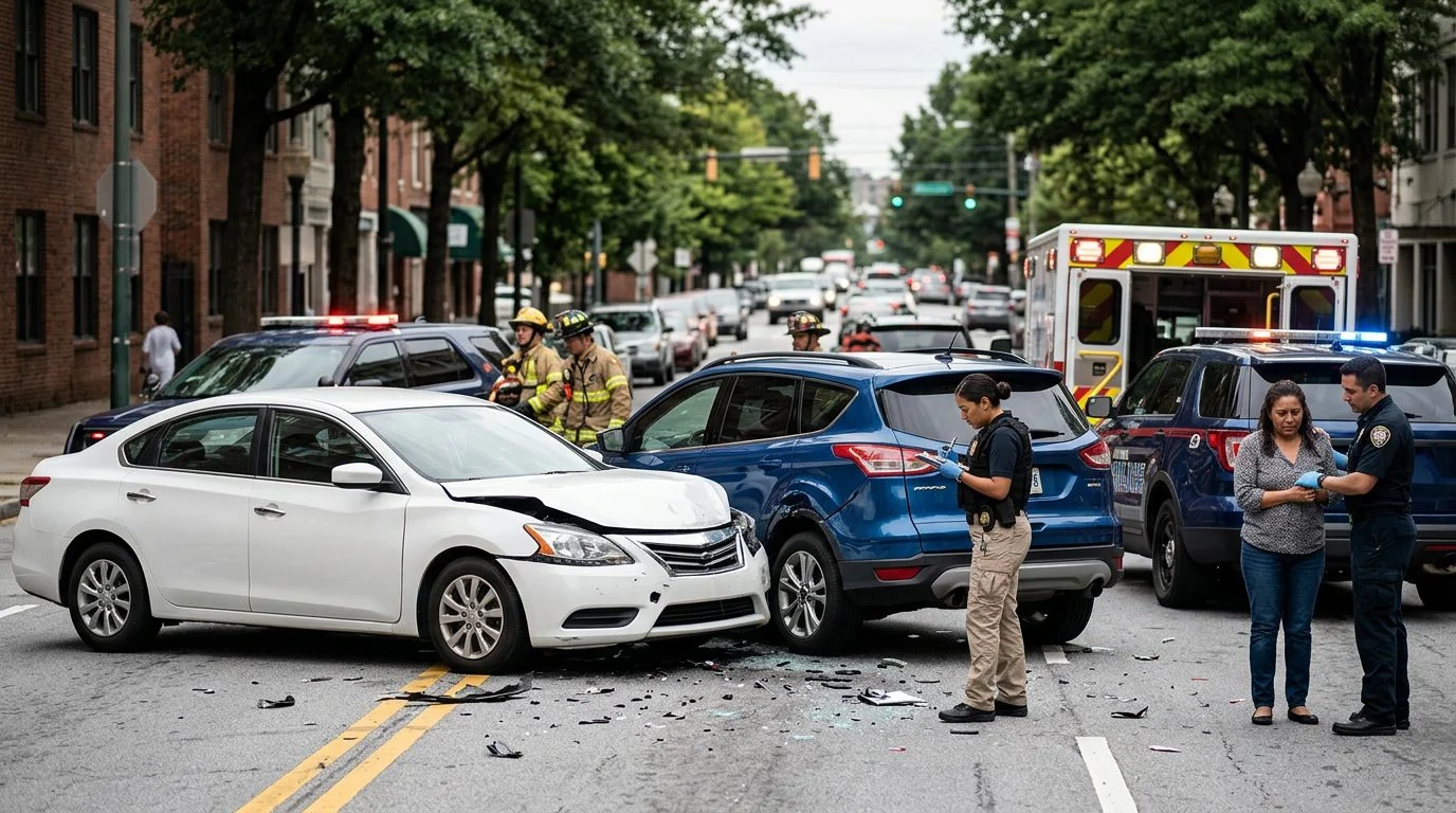 Escena de accidente vehicular en calle urbana con vehículos dañados, ambulancias e investigadores.