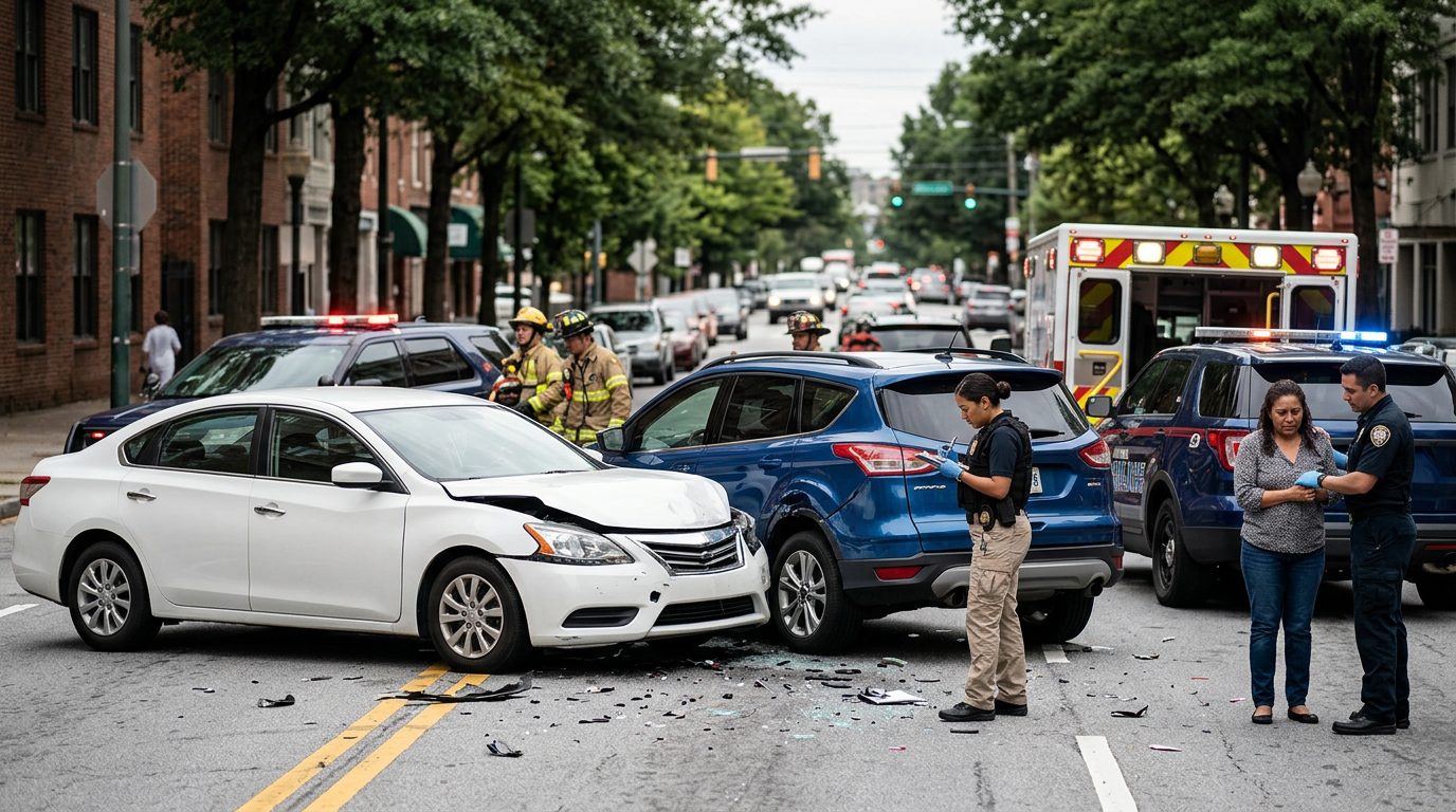 Escena de accidente vehicular en calle urbana con vehículos dañados, ambulancias e investigadores.