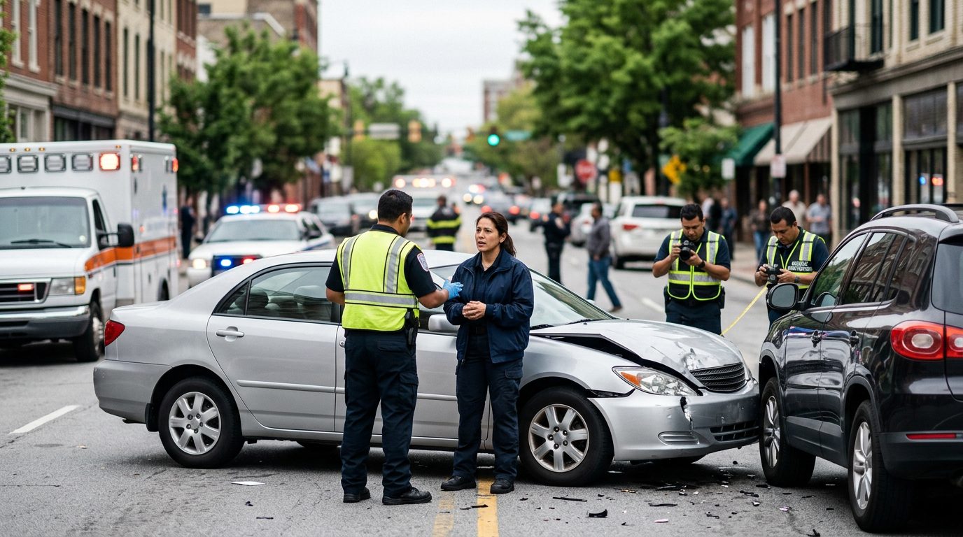 Escena de accidente vehicular en calle urbana con vehículos dañados y investigadores documentando el incidente.