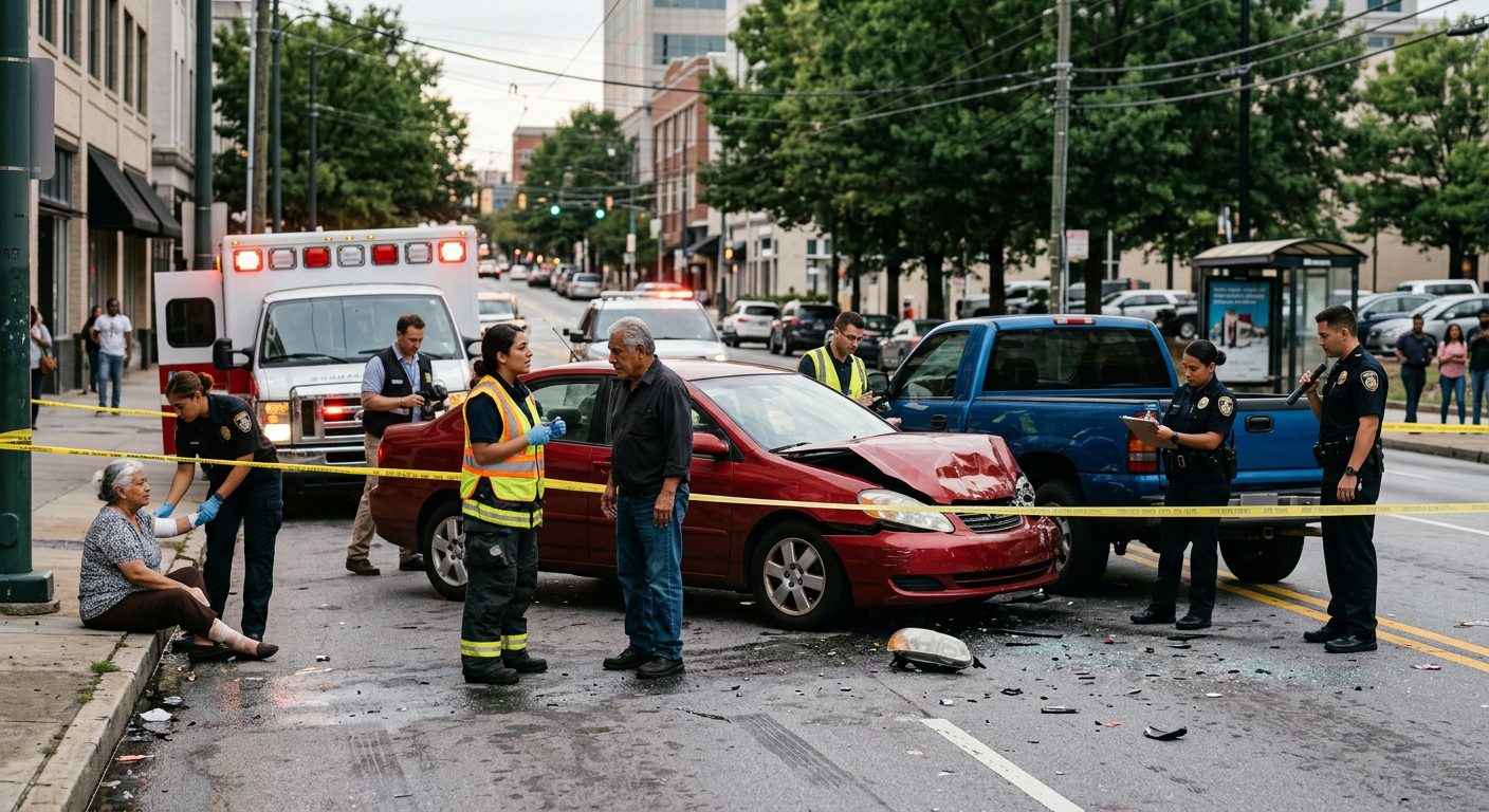 Escena de accidente vehicular en calle urbana con vehículos dañados y personal de emergencia investigando.