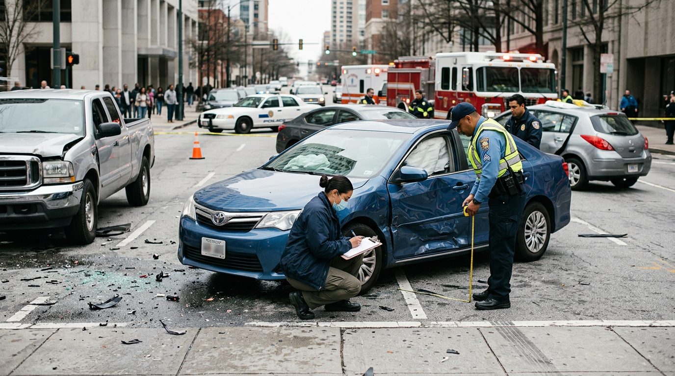 Escena de accidente vehicular en calle urbana con vehículos dañados, ambulancias e investigadores documentando el incidente.