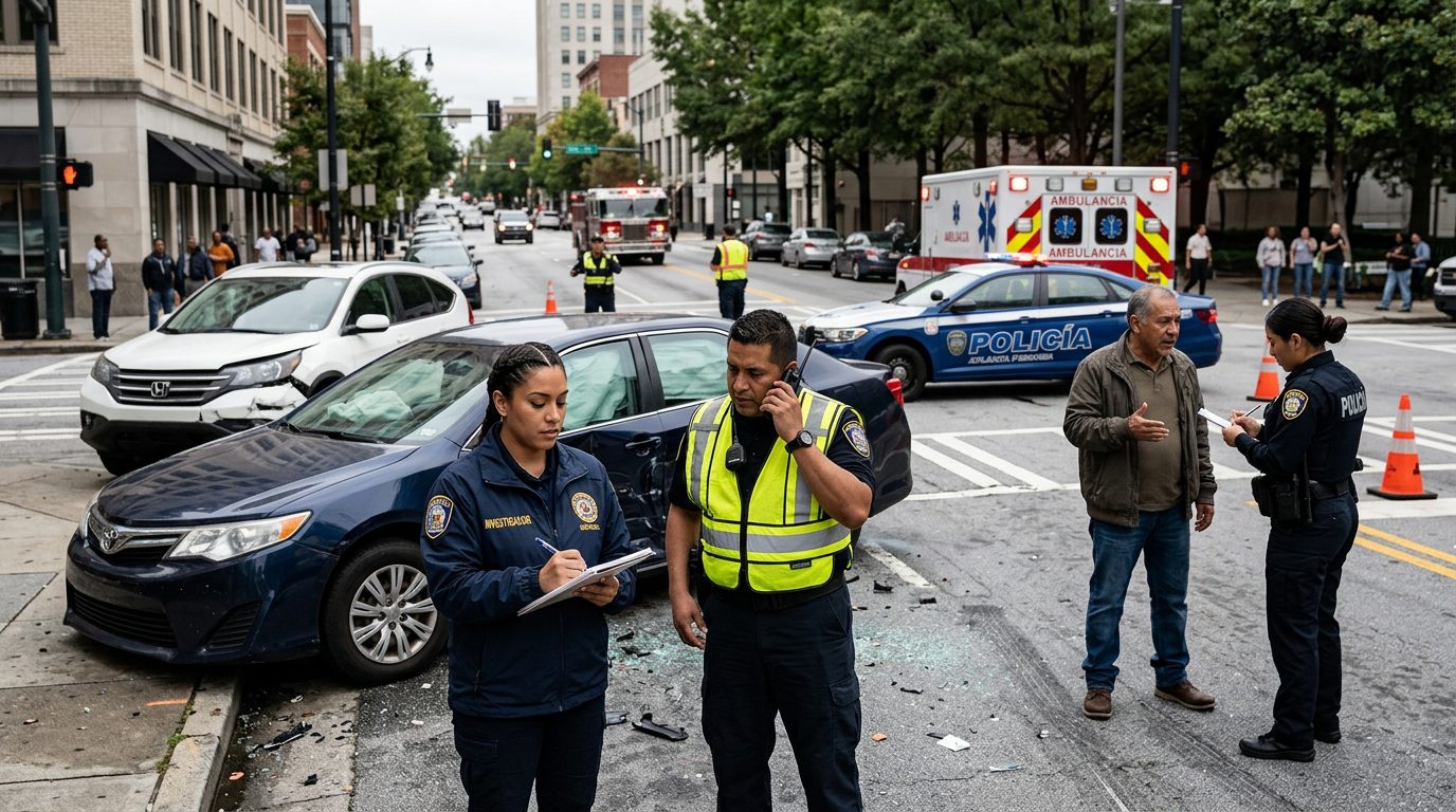 Escena de accidente vehicular en calle urbana con vehículos dañados, ambulancias e investigadores documentando.