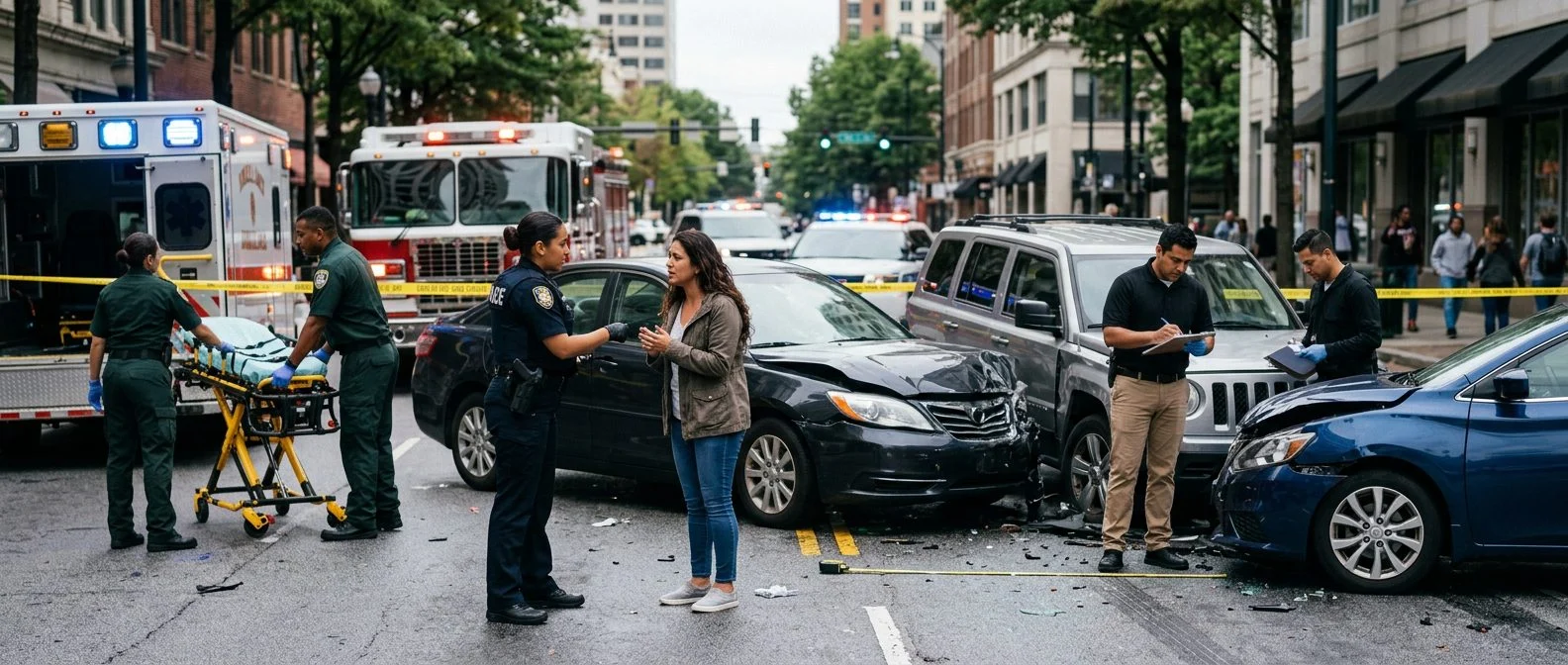 Escena de accidente vehicular en calle urbana con vehículos dañados, ambulancias e investigadores documentando el incidente.