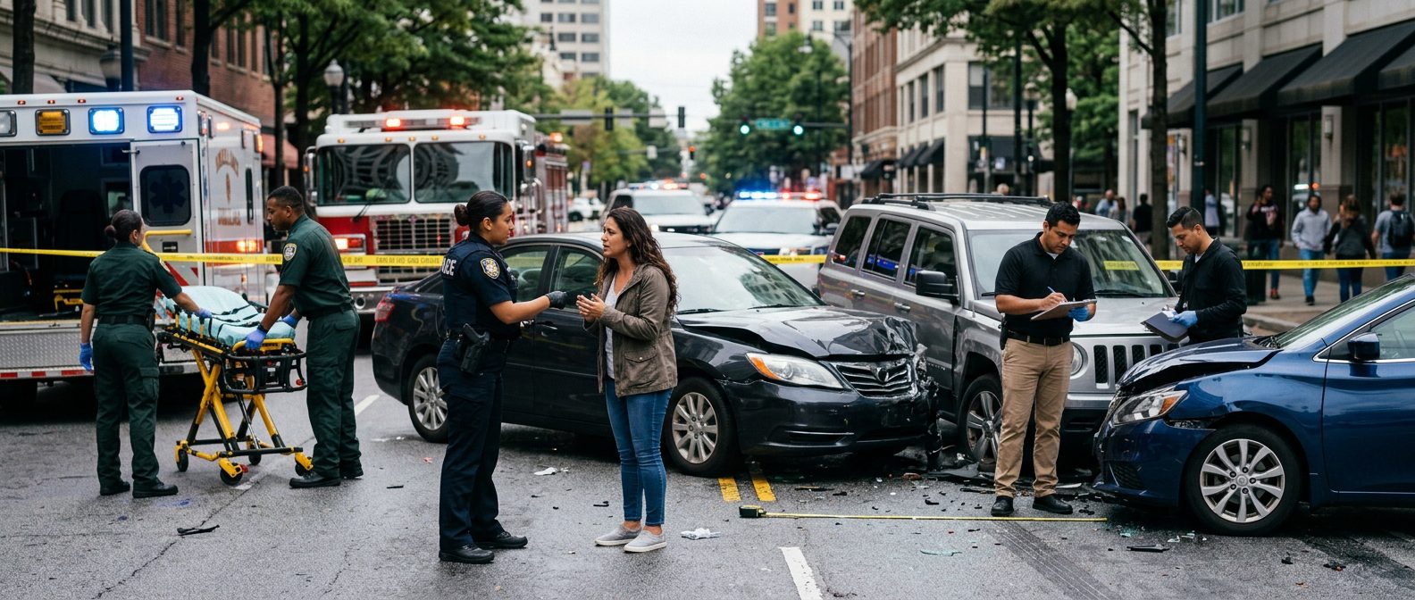 Escena de accidente vehicular en calle urbana con vehículos dañados, ambulancias e investigadores documentando el incidente.