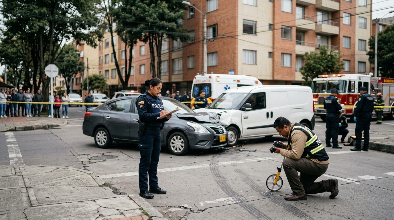 Escena de accidente vehicular en calle urbana con vehículos dañados, ambulancias e investigadores documentando el incidente.