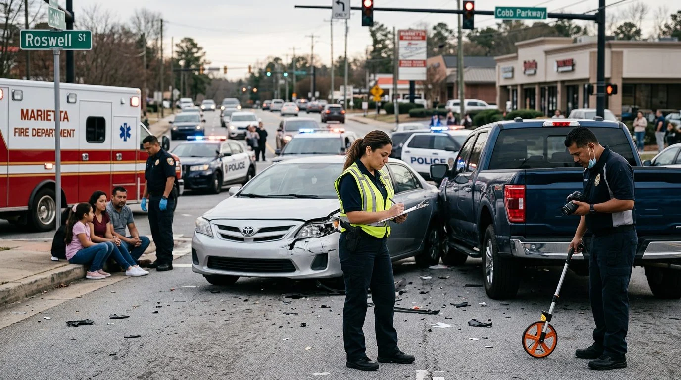 Escena de accidente vehicular en calle urbana con vehículos dañados, ambulancias e investigadores.