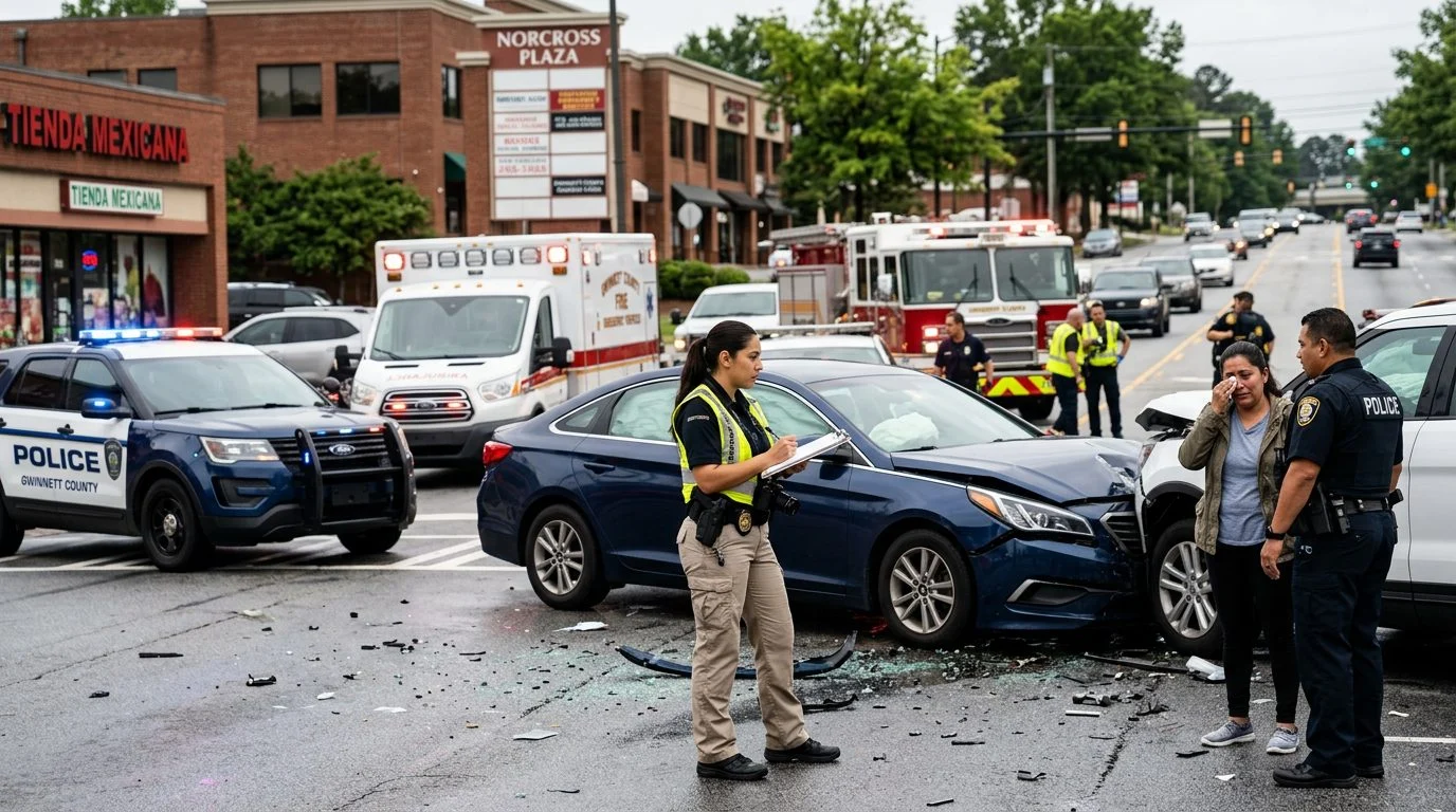 Escena de accidente vehicular en calle urbana con vehículos dañados, ambulancias e investigadores.