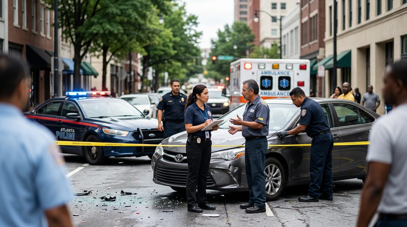 Escena de accidente vehicular en calle urbana con vehículos dañados y investigadores documentando el incidente.