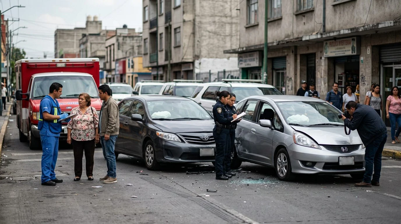 Escena de accidente vehicular en calle urbana con vehículos dañados, ambulancias e investigadores documentando el incidente.