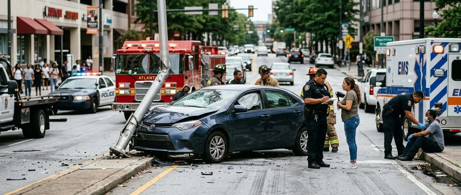Escena de accidente vehicular en calle urbana con vehículos dañados y personal de emergencia investigando.