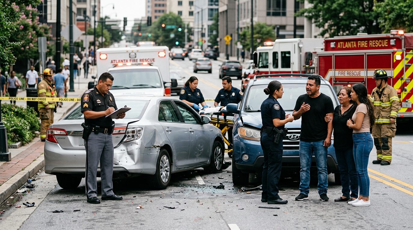 Escena de accidente vehicular en calle urbana con vehículos dañados, ambulancias e investigadores.