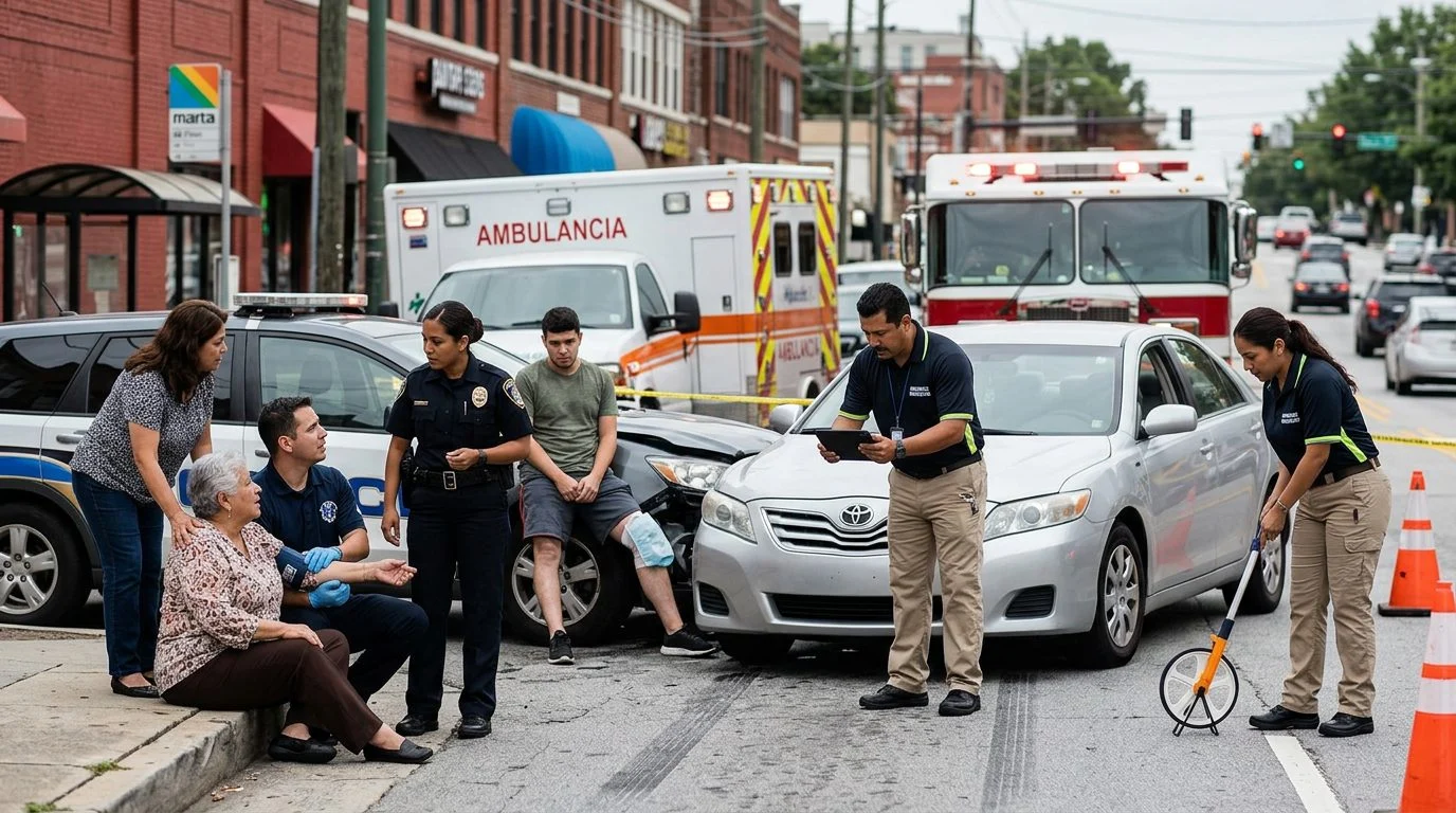 Escena de accidente vehicular en calle urbana con vehículos dañados, ambulancias e investigadores documentando el incidente.