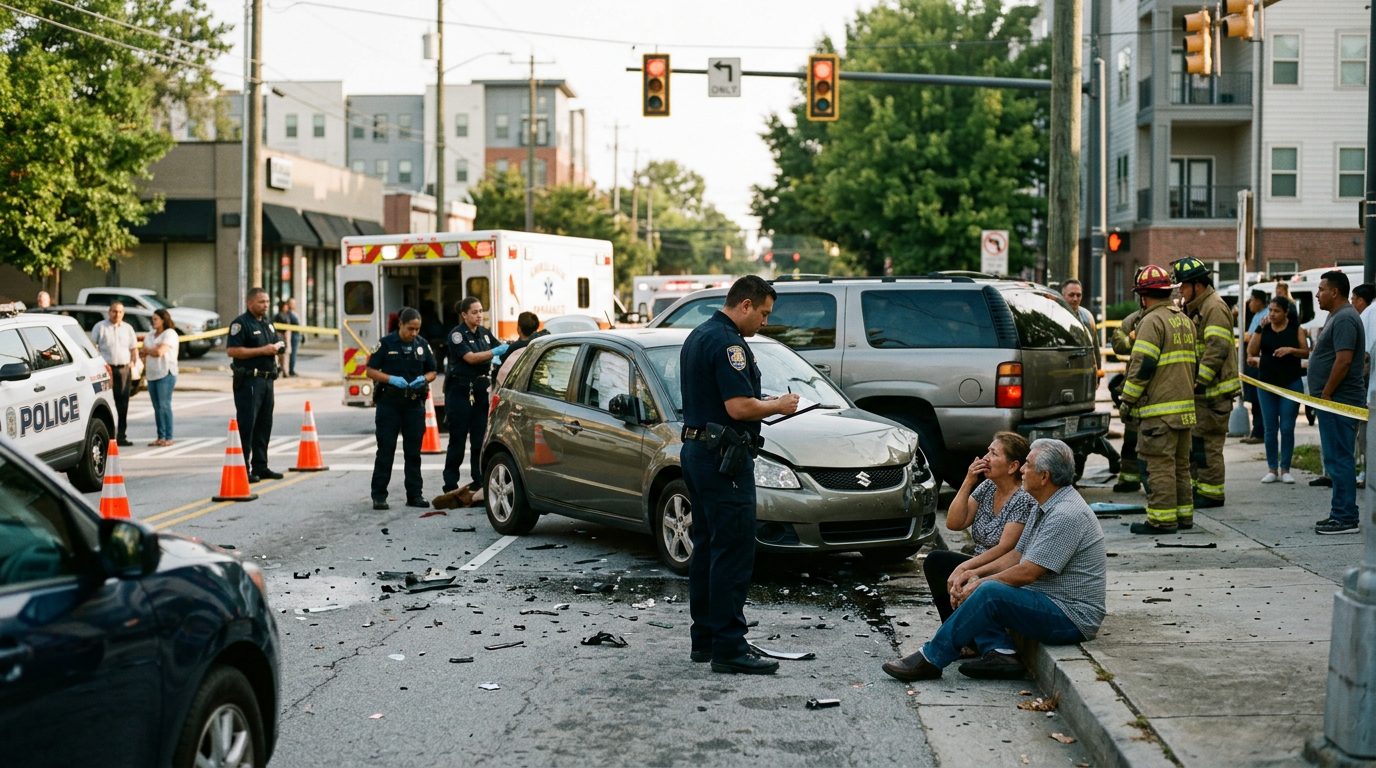 Escena de accidente vehicular en calle urbana con vehículos dañados, ambulancias e investigadores documentando el incidente.