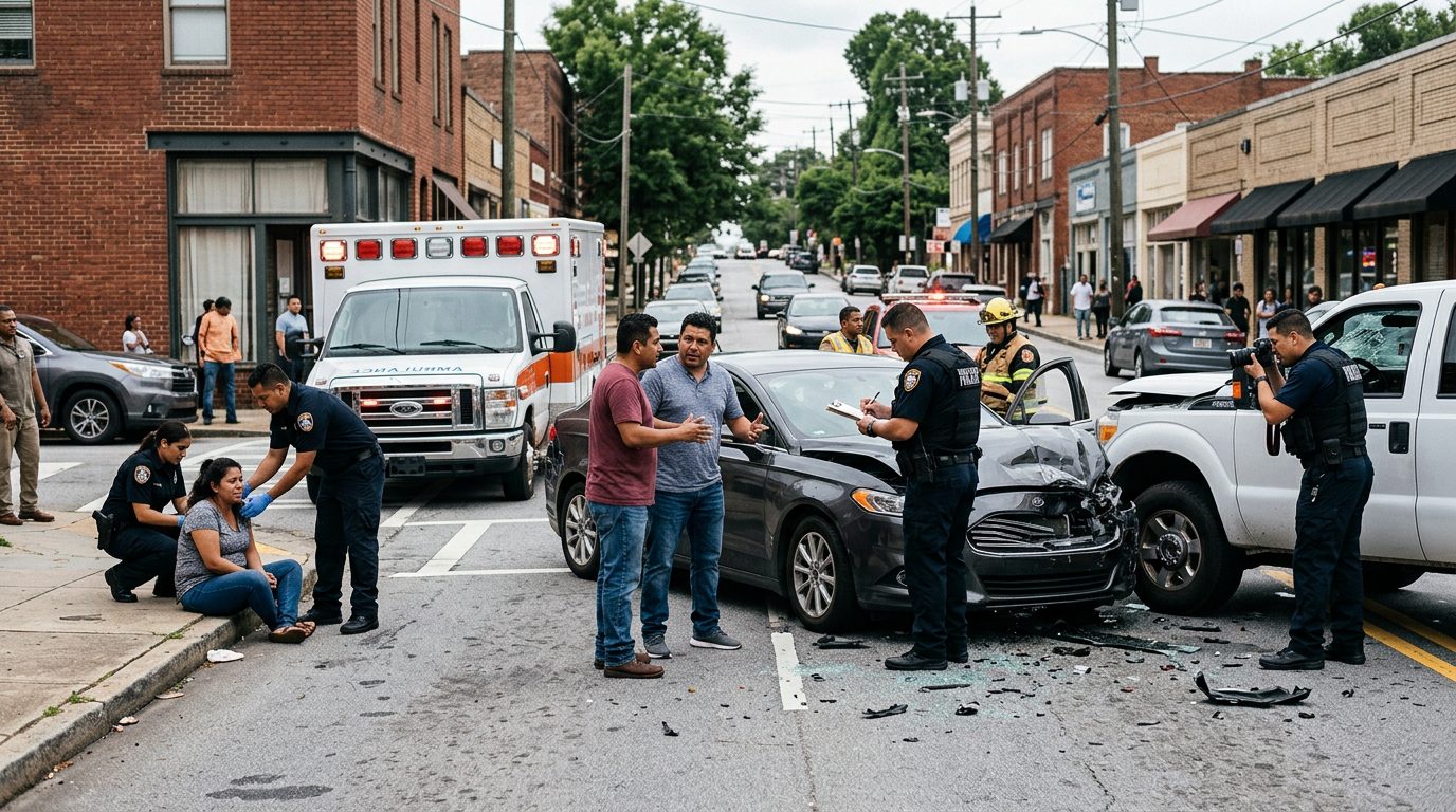 Escena de accidente vehicular en calle urbana con vehículos dañados, ambulancias e investigadores documentando el incidente.