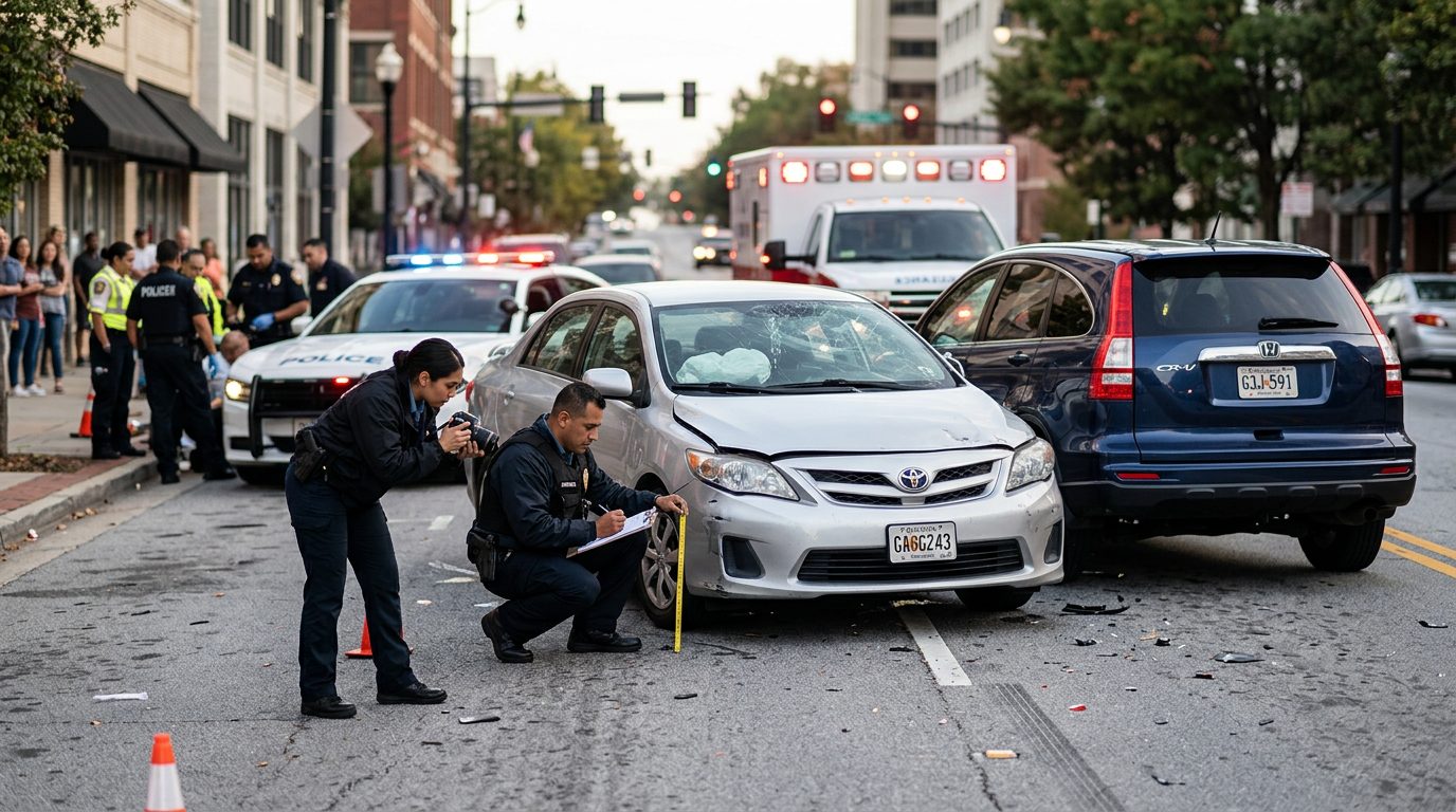 Escena de accidente vehicular en calle urbana con vehículos dañados y personal de emergencia investigando.