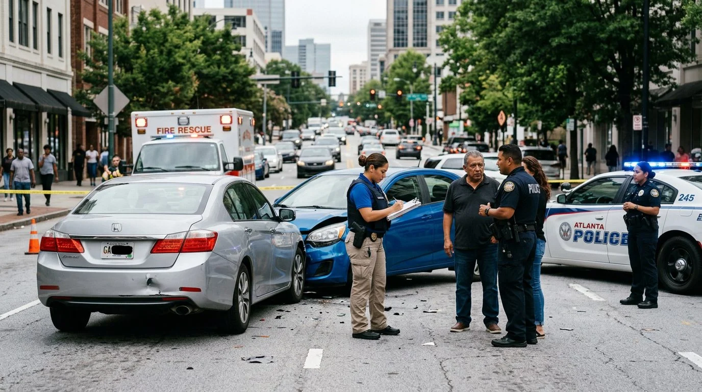 Escena de accidente vehicular en calle urbana con vehículos dañados, ambulancias y investigadores documentando.