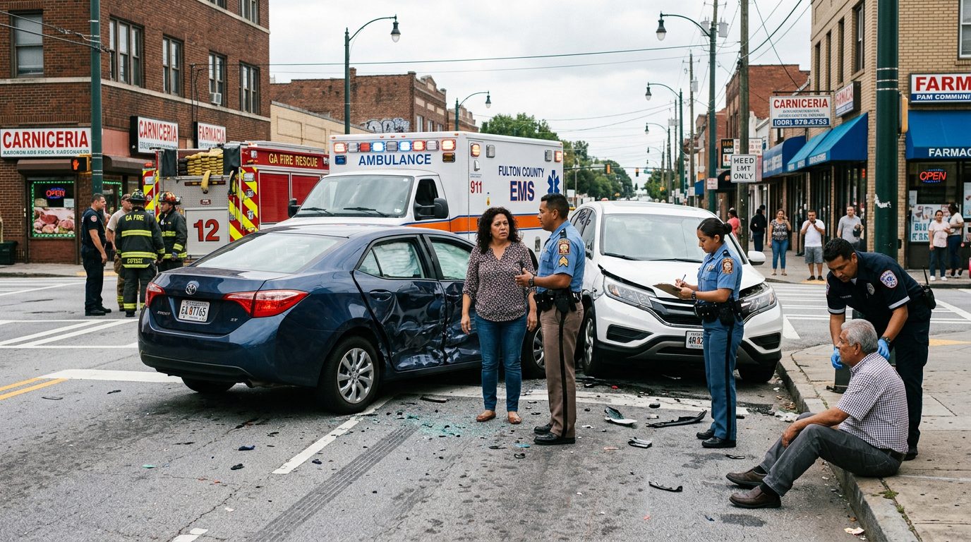 Escena de accidente vehicular en calle urbana con vehículos dañados y personal de emergencia investigando.