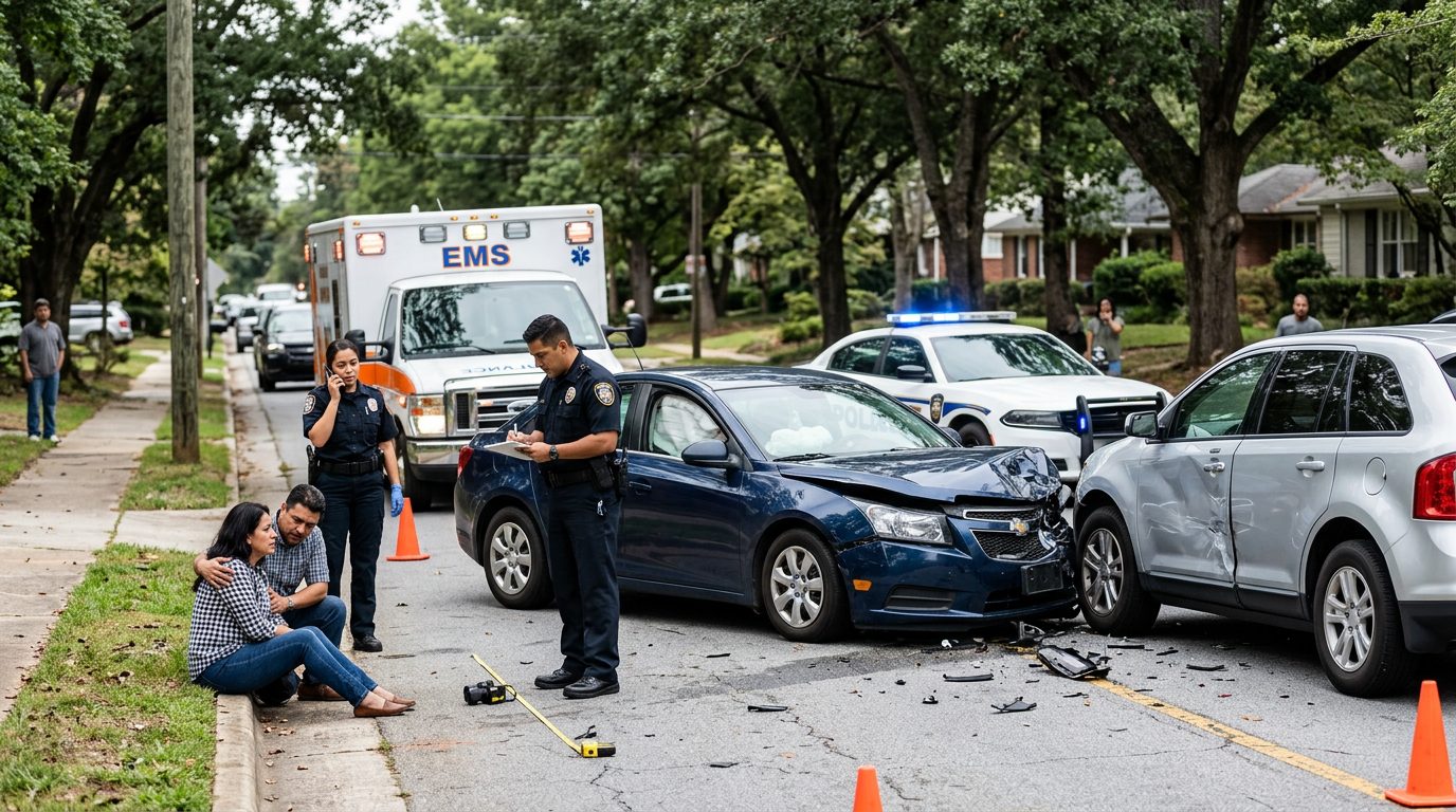 Escena de accidente vehicular en calle urbana con vehículos dañados y personal de emergencia investigando.