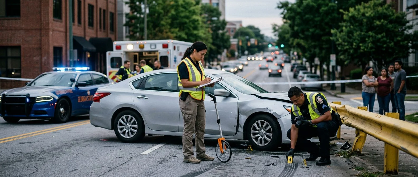Escena de accidente vehicular en calle urbana con vehículos dañados, ambulancias e investigadores documentando el incidente.