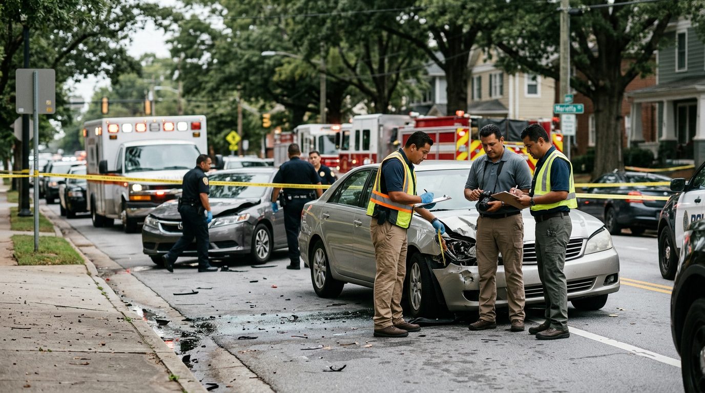 Escena de accidente vehicular en calle urbana con vehículos dañados, ambulancias e investigadores documentando.