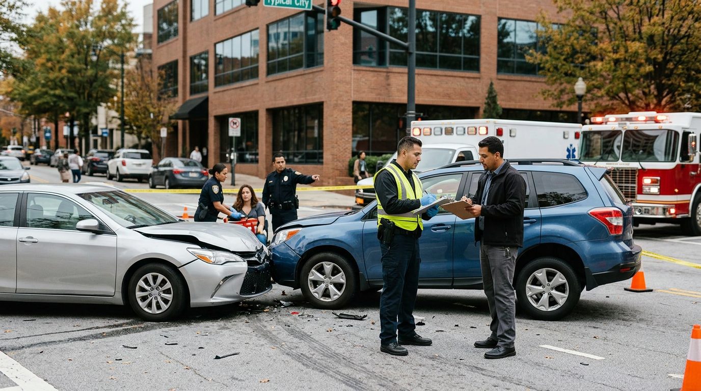 Escena de accidente vehicular en calle urbana con vehículos dañados y personal de emergencia investigando.