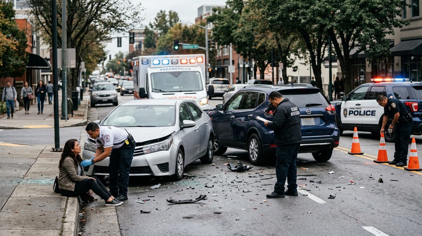 Escena de accidente vehicular en calle urbana con vehículos dañados y personal de emergencia investigando.
