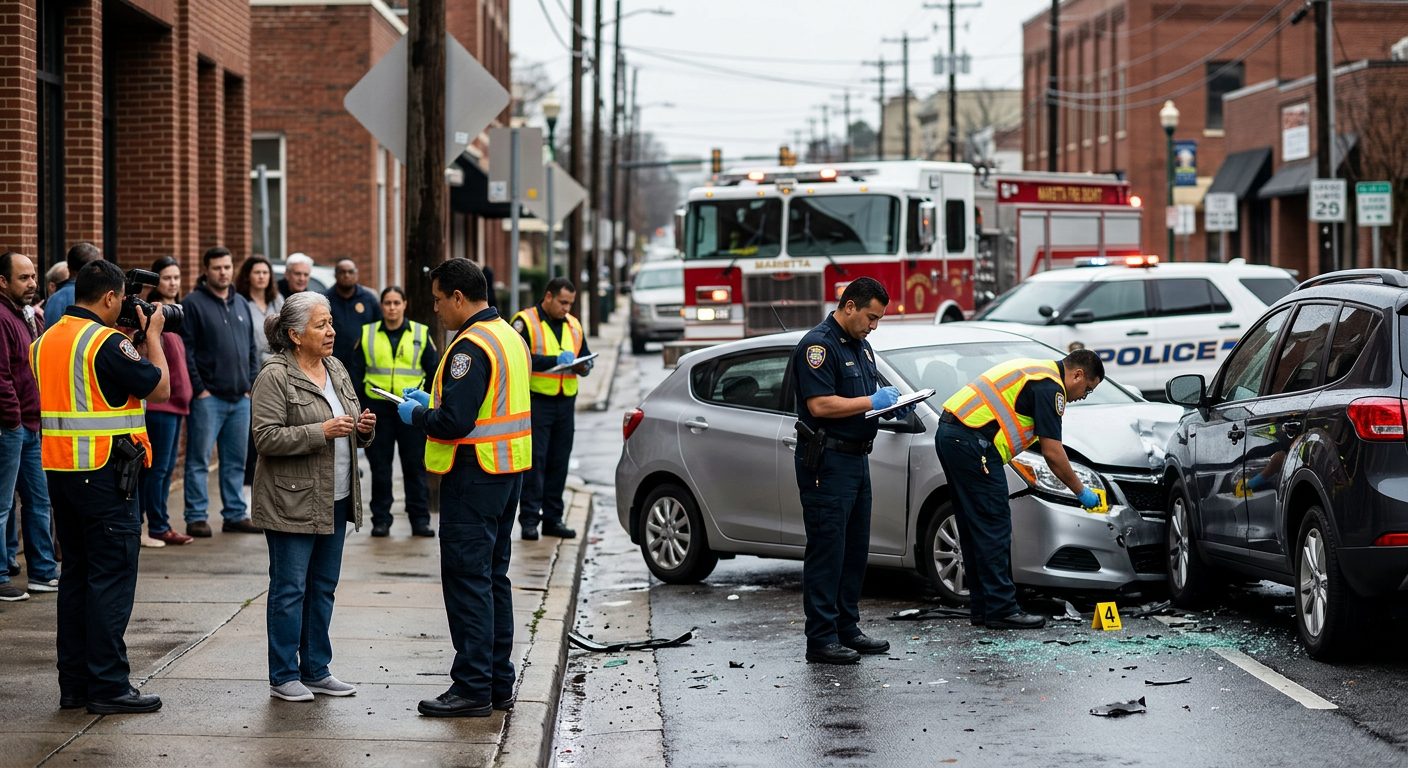 Escena de accidente vehicular en calle urbana con vehículos dañados, ambulancias e investigadores.