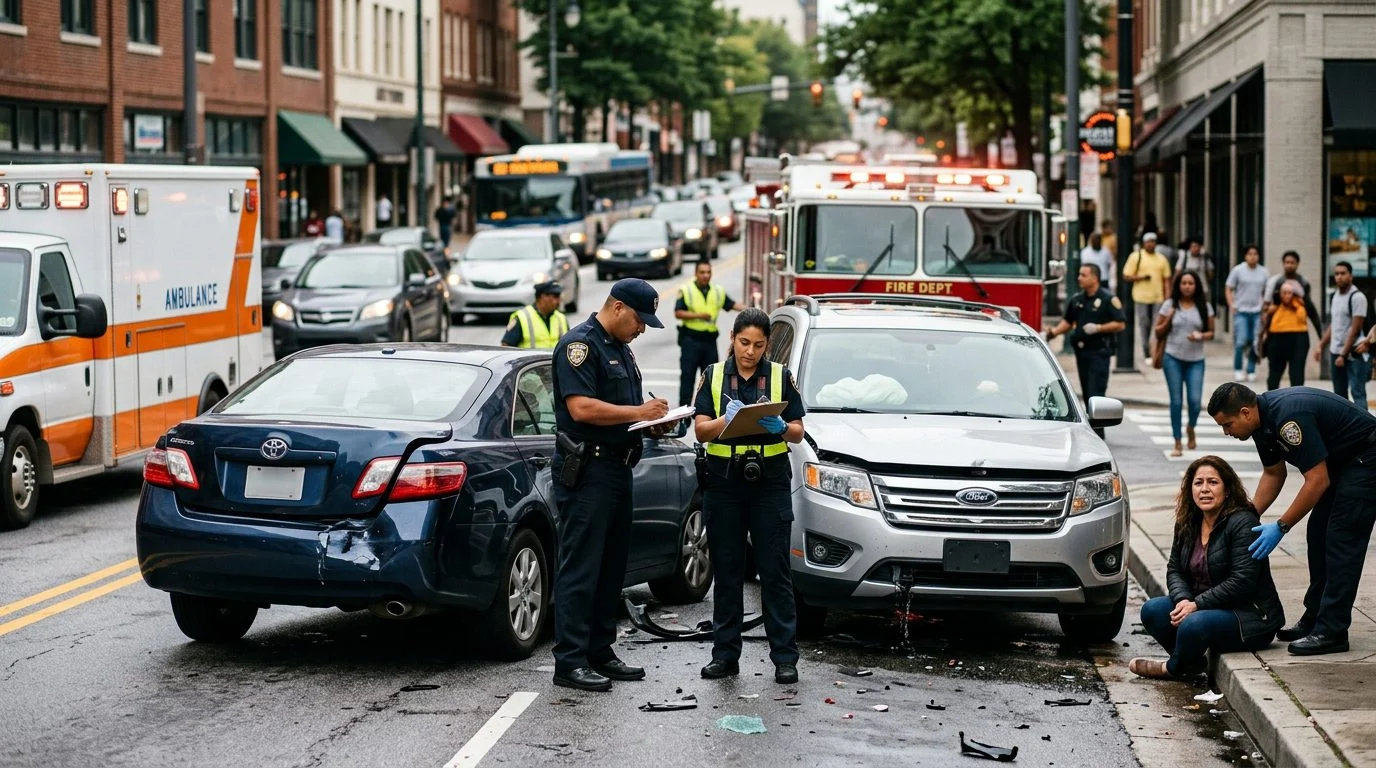 Escena de accidente vehicular en calle urbana con vehículos dañados y investigadores documentando el incidente.