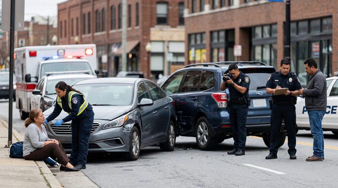Escena de accidente vehicular en calle urbana con vehículos dañados y personal de emergencia investigando.