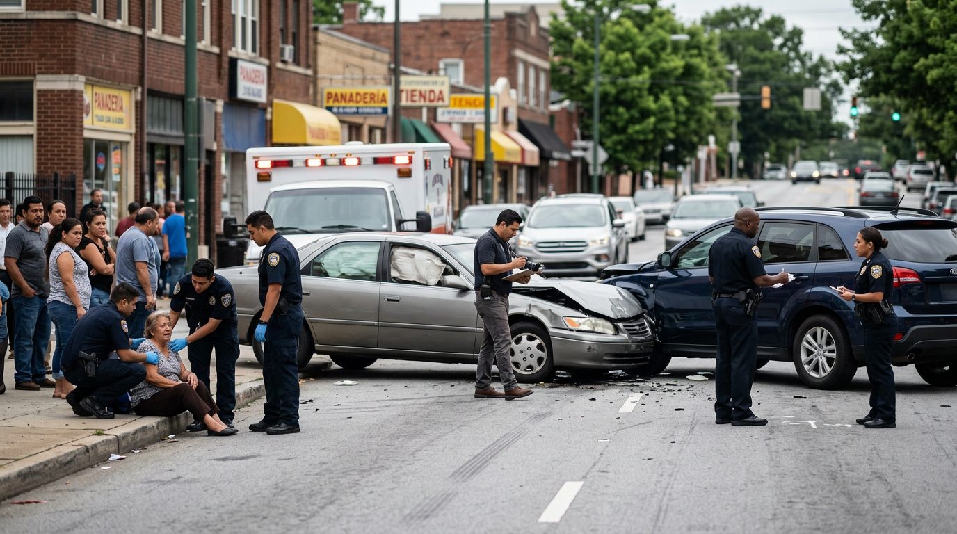 Escena de accidente vehicular en calle urbana con vehículos dañados y personal de emergencia investigando.